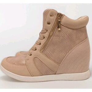 JustFab Hidden Wedge Sneaker Booties Blush Pink Snake Print Side Zip Size 9